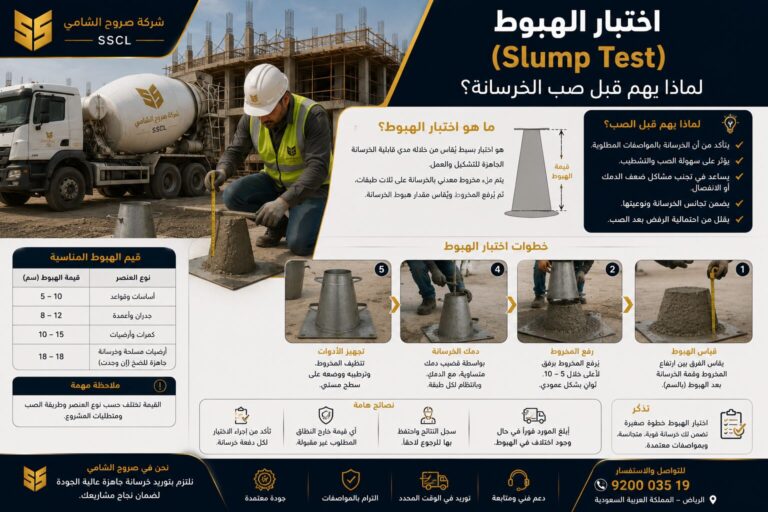 اختبار الهبوط للخرسانة Slump Test قبل صب الخرسانة الجاهزة