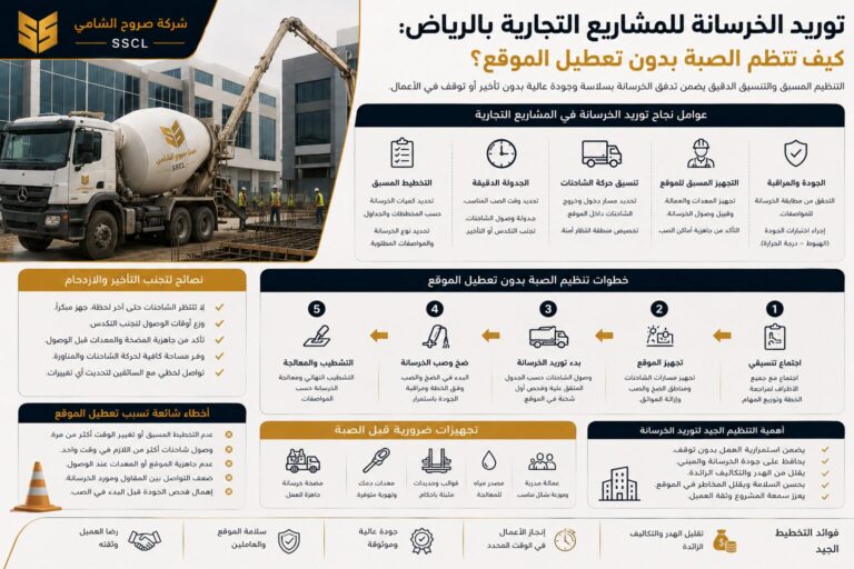 توريد الخرسانة للمشاريع التجارية بالرياض وتنظيم الصبة داخل الموقع
