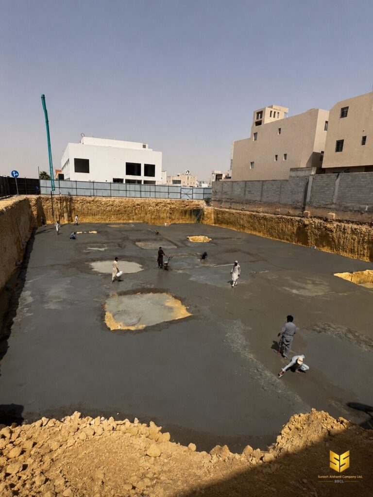 عمال ينفذون أعمال تشطيب وتسوية صبة النظافة داخل مشروع في حي العارض بالرياض