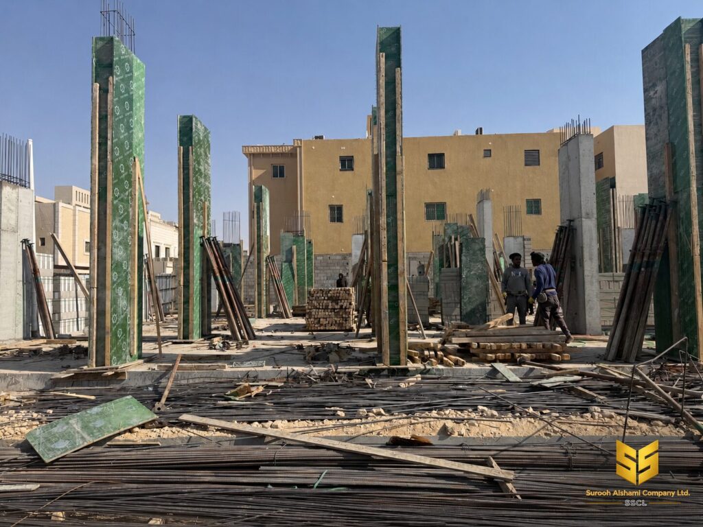 قوالب خضراء مثبتة حول الأعمدة الخرسانية داخل مشروع إنشائي في الرياض