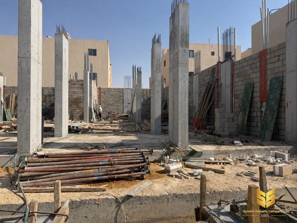 أعمدة خرسانية وجدران بلوك قيد التنفيذ في مشروع سكني بمدينة الرياض