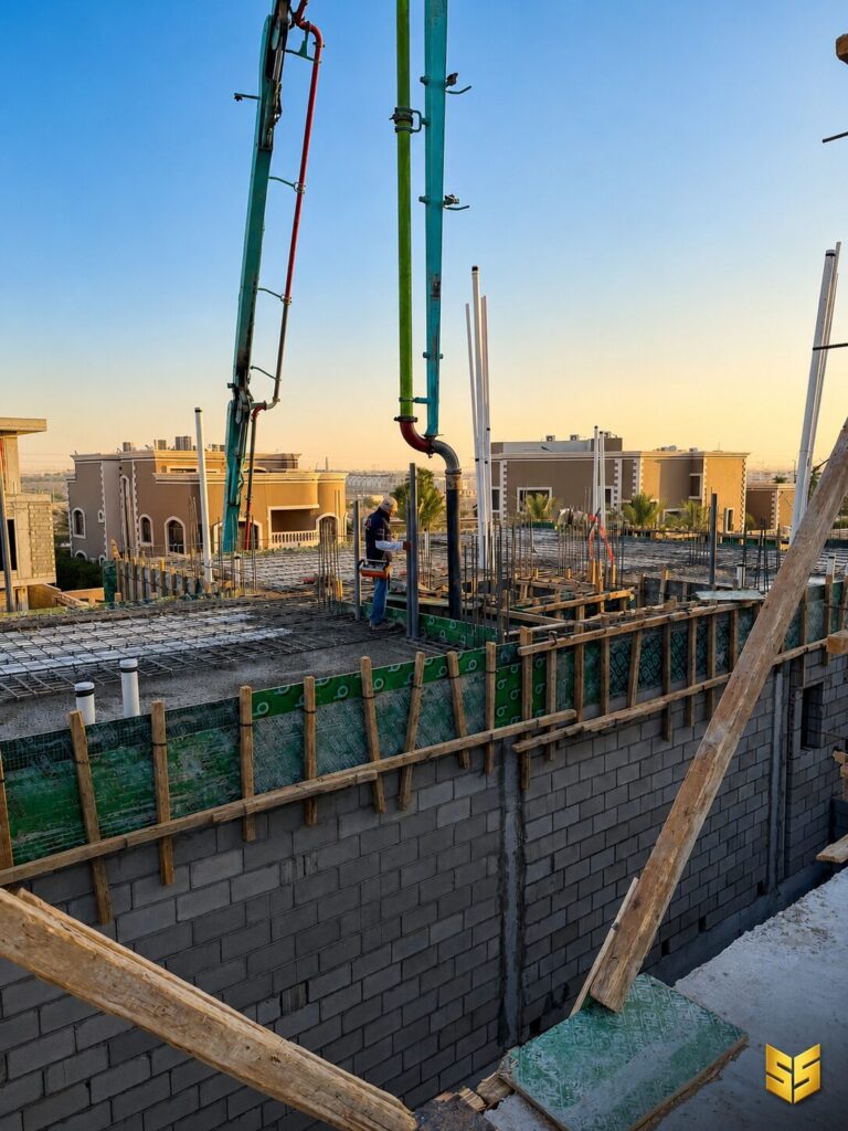 شدات خشبية لأعمدة خرسانية داخل مشروع سكني في الدرعية