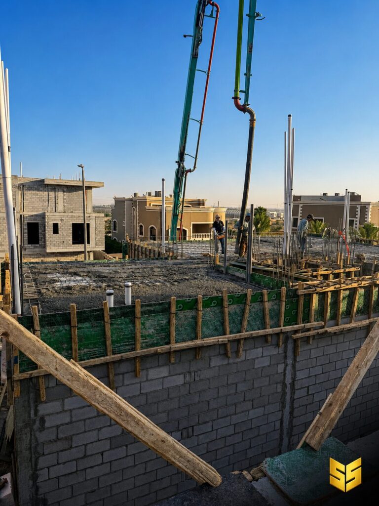 ذراع مضخة خرسانة ممتد فوق سقف مشروع أثناء تنفيذ الصبة في الدرعية