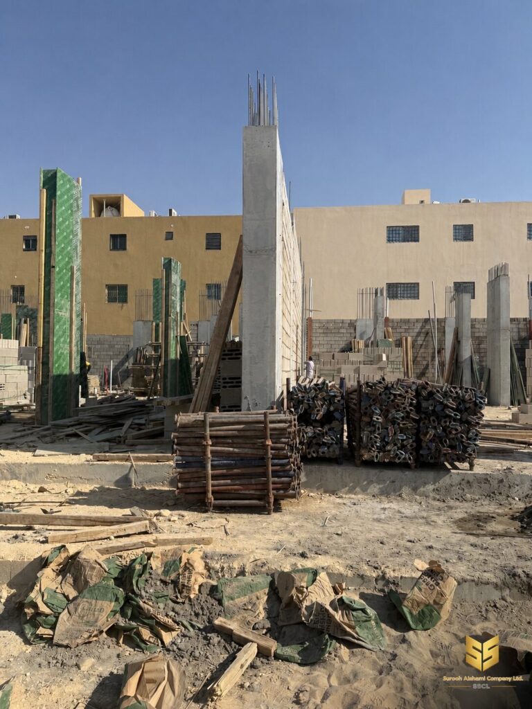 عمود خرساني مسلح ومواد سقالات وشدات داخل مشروع إنشائي في الرياض