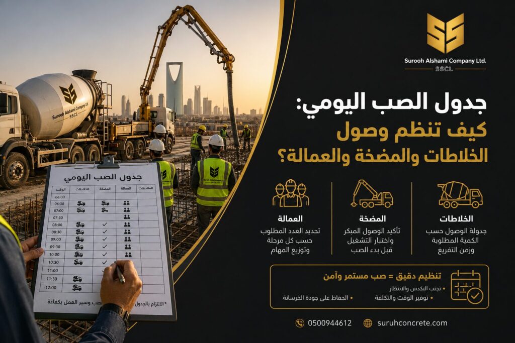 جدول صب الخرسانة اليومي لتنظيم الخلاطات والمضخة والعمالة