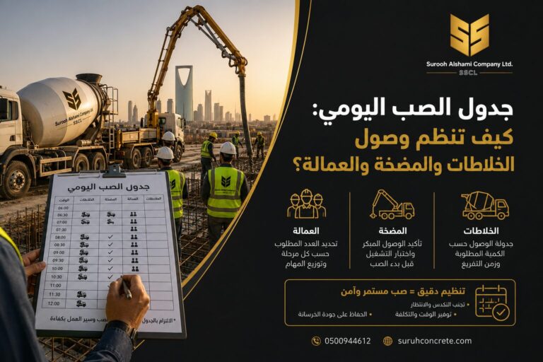 جدول صب الخرسانة اليومي لتنظيم الخلاطات والمضخة والعمالة