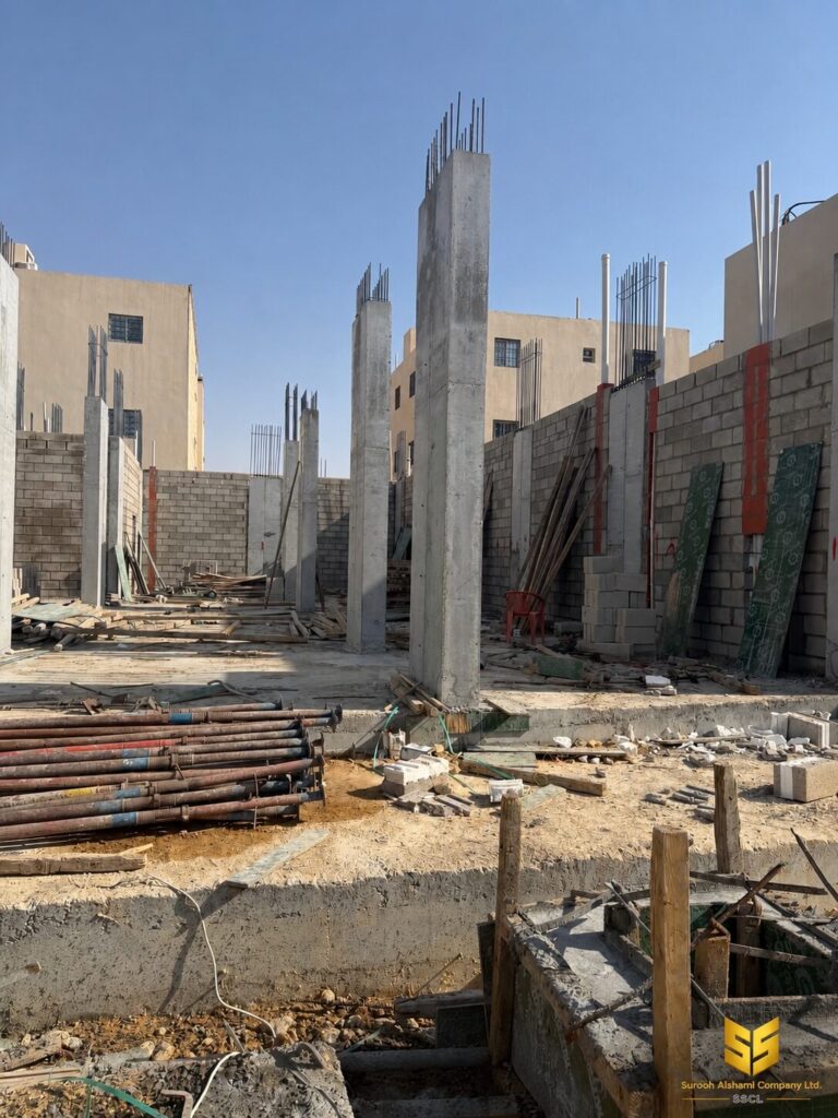 أعمدة خرسانية مسلحة وجدران بلوك داخل مشروع سكني قيد التنفيذ في الرياض