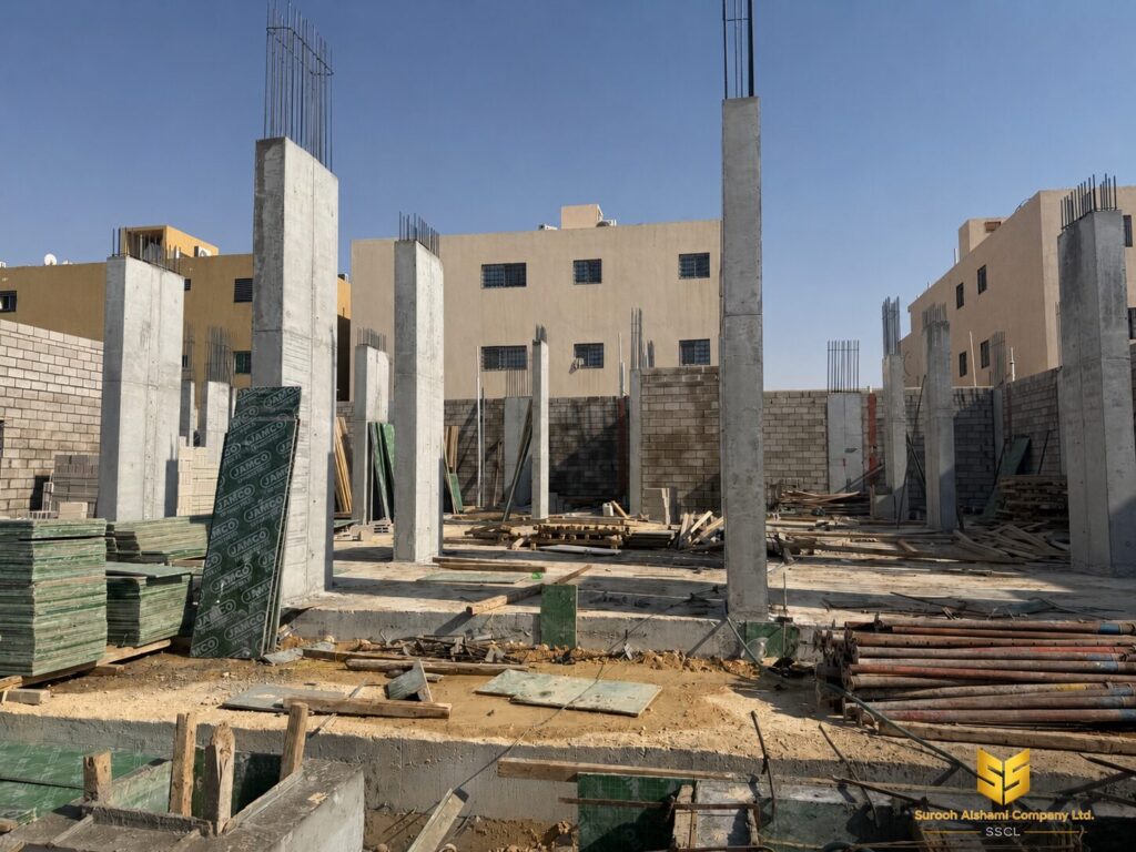 مجموعة أعمدة خرسانية مسلحة داخل موقع مشروع قيد الإنشاء في الرياض