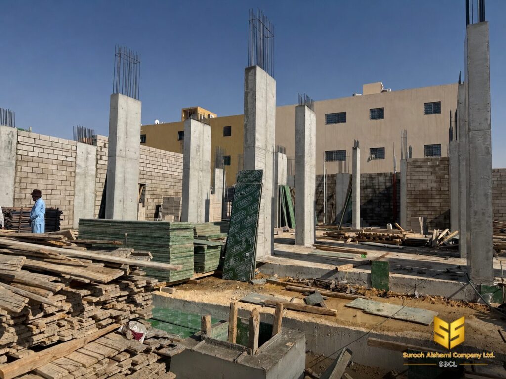 أعمدة خرسانية لمبنى سكني مع مواد الشدات والنجارة داخل موقع في الرياض