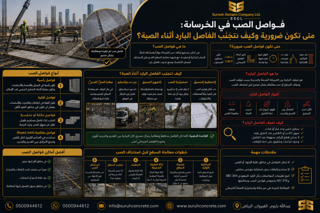 فواصل الصب في الخرسانة والفرق بينها وبين الفاصل البارد وكيفية تجنب توقف الصبة