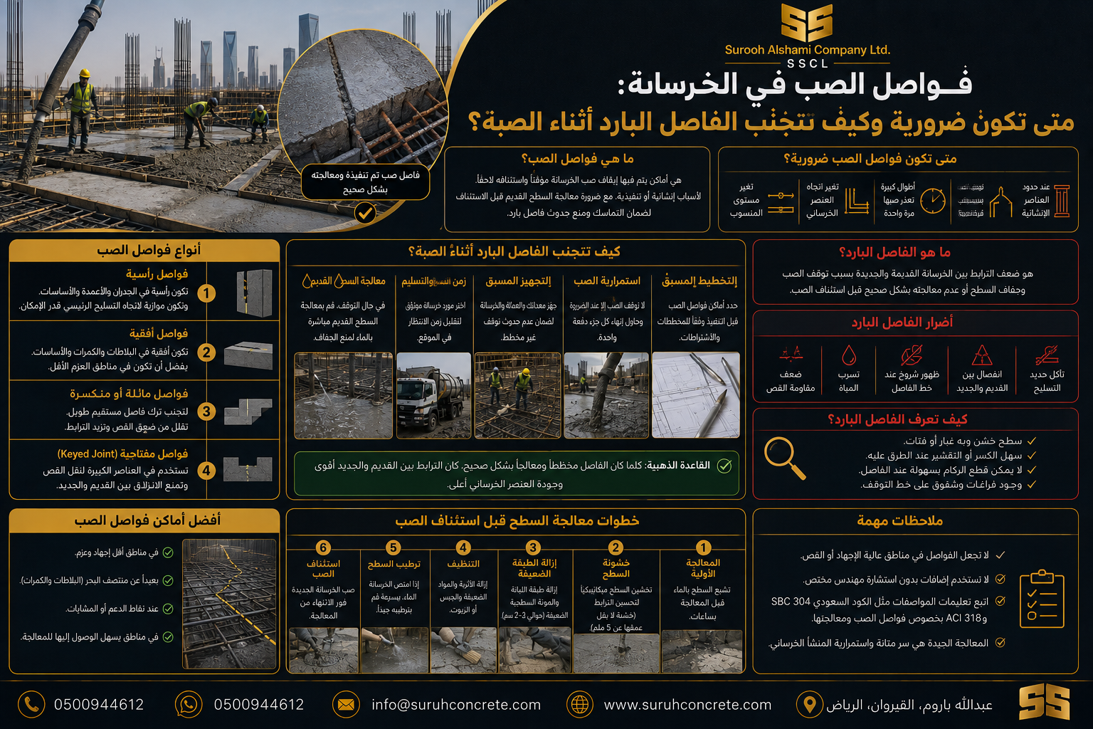فواصل الصب في الخرسانة والفرق بينها وبين الفاصل البارد وكيفية تجنب توقف الصبة