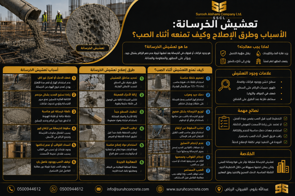 تعشيش الخرسانة وأسباب ظهوره وطرق الإصلاح والوقاية أثناء الصب