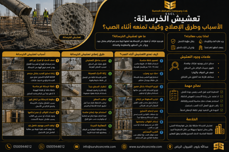 تعشيش الخرسانة وأسباب ظهوره وطرق الإصلاح والوقاية أثناء الصب