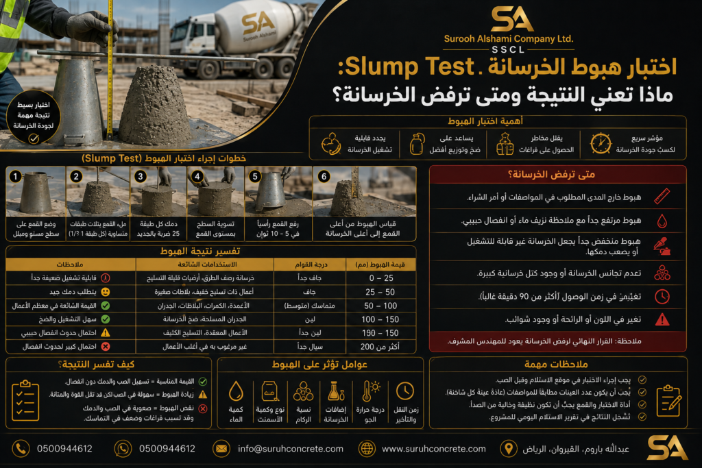 اختبار هبوط الخرسانة Slump Test وقراءة النتيجة ومتى ترفض الخرسانة