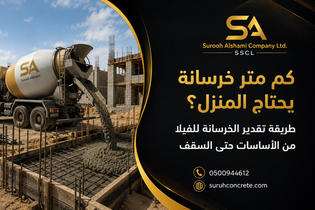 حساب كم متر خرسانة يحتاج المنزل من الأساسات حتى السقف
