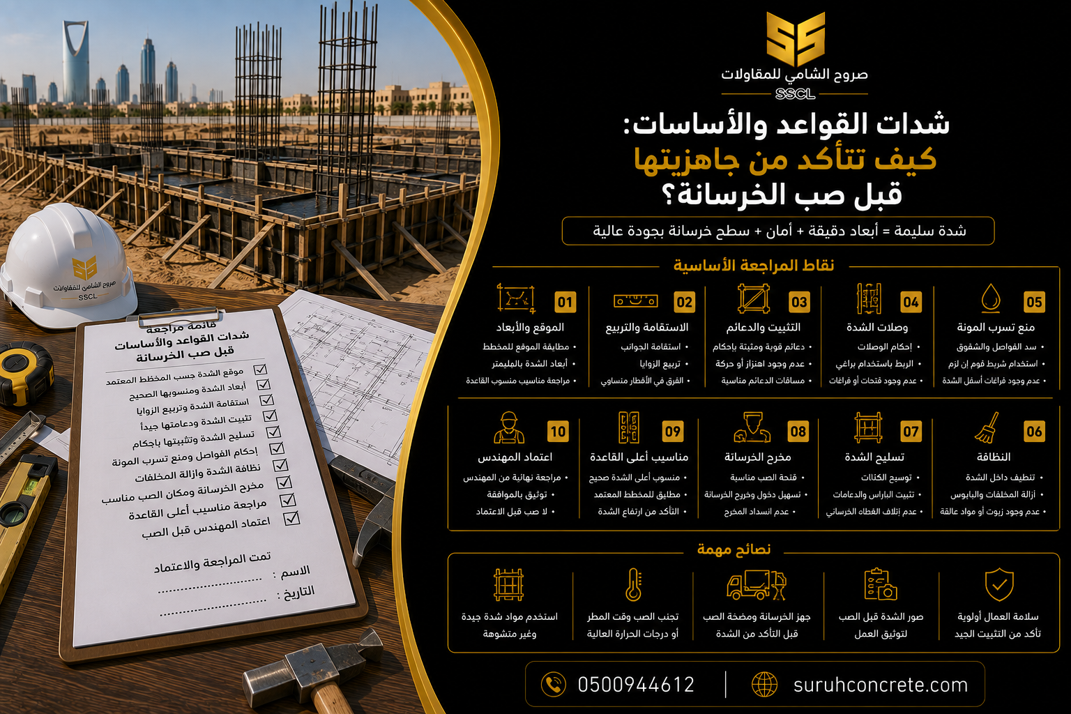 قوالب قواعد خرسانية جاهزة للصب في موقع بناء بالرياض