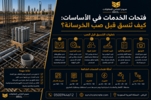تجهيز فتحات خدمات داخل أساسات مشروع بناء في الرياض قبل صب الخرسانة