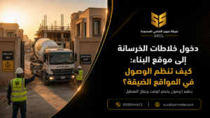 خلاطة خرسانة تدخل موقع بناء في الرياض عبر مسار منظم