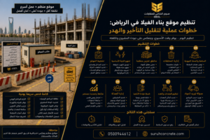 موقع بناء فيلا منظم في الرياض مع مناطق تخزين ومسارات عمل واضحة